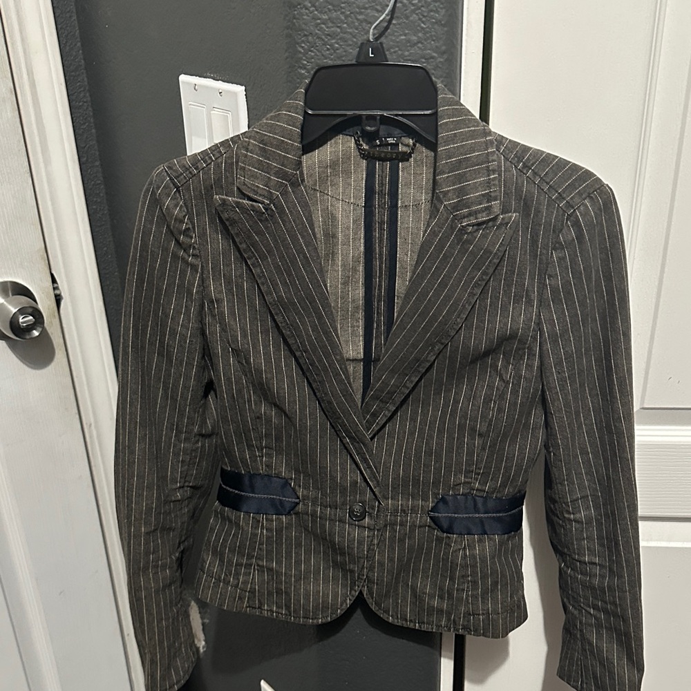 Theory Brown Pinstripe Blazer with Navy Trim